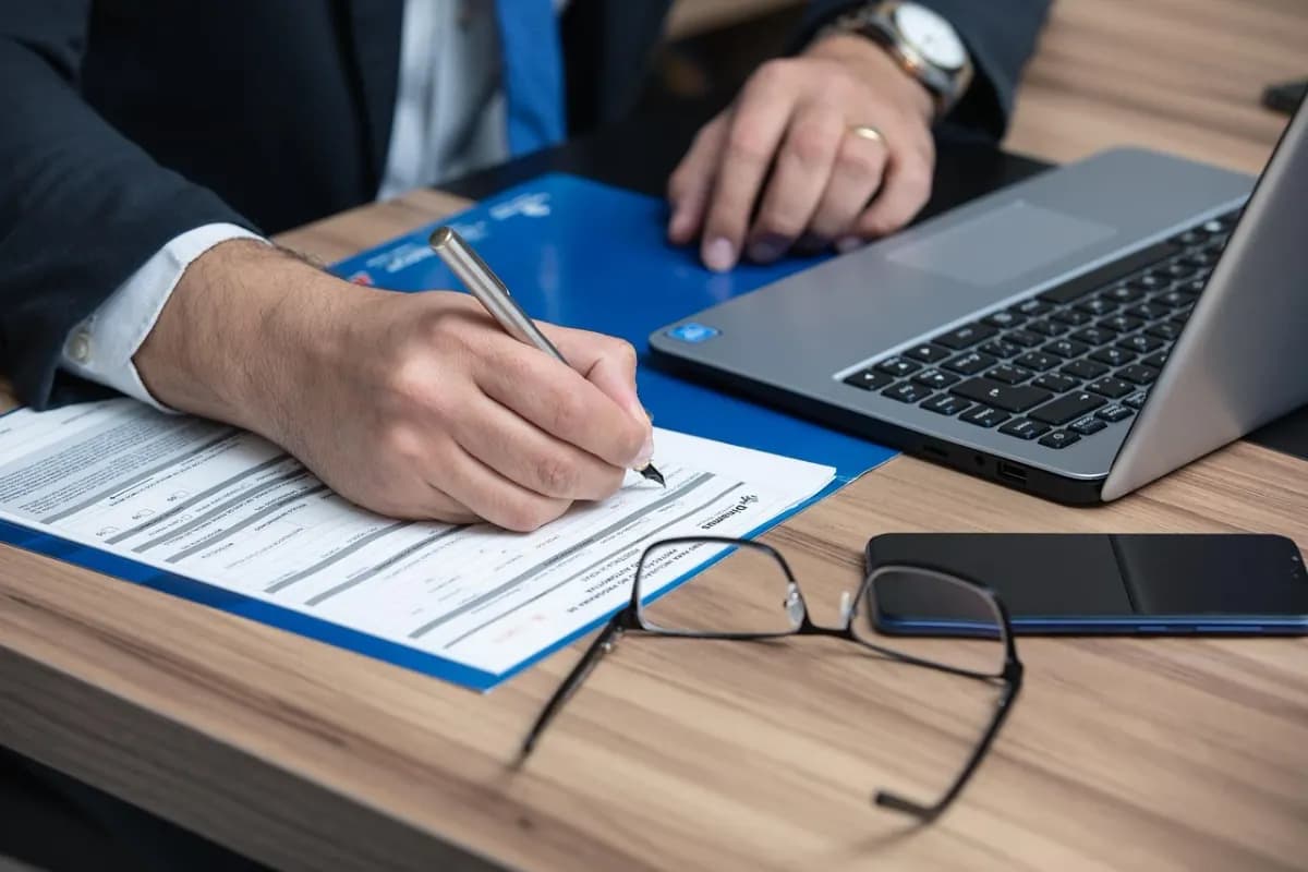 Lawyer reviewing legal documents with AI assistance