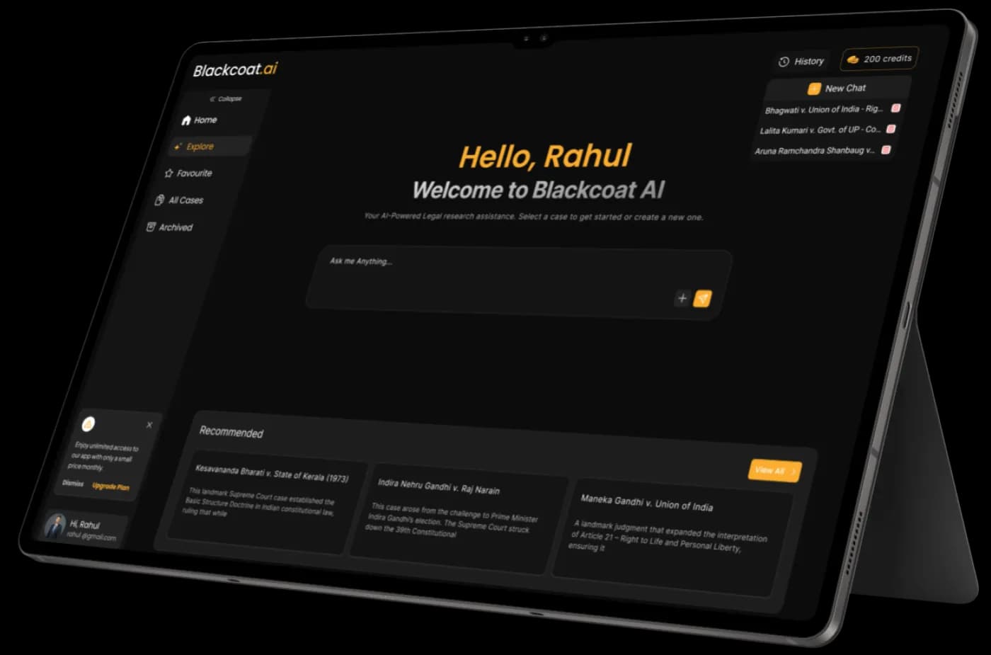 Blackcoat AI legal research application interface on a tablet